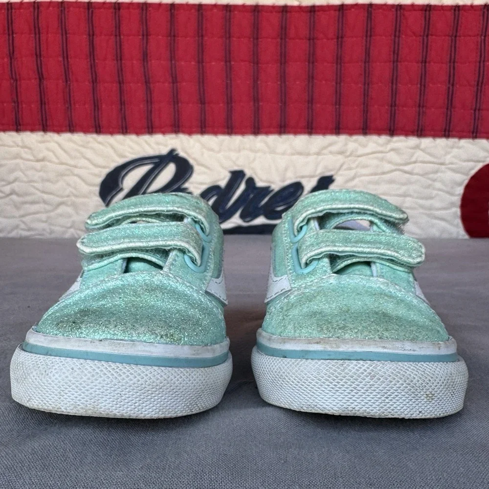 Size 5c - Vans Old Skool Glitter‎ Shoes Kids Mint White Low Top Sneakers
